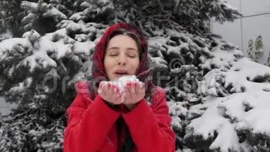 这<strong>段视频</strong>是关于美丽的年轻白种人，穿着红色外套，在冬天的户外对着镜头吹雪